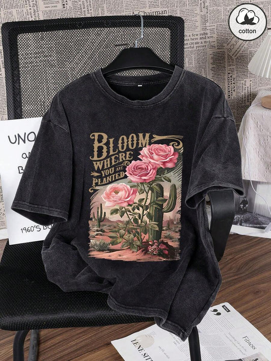 Desert Cactus Flower Letter Print Washed T-Shirt | Women's Black Fitted Hip-Hop Y2K Korean Street Style Round Neck Short Sleeve Casual Summer Top