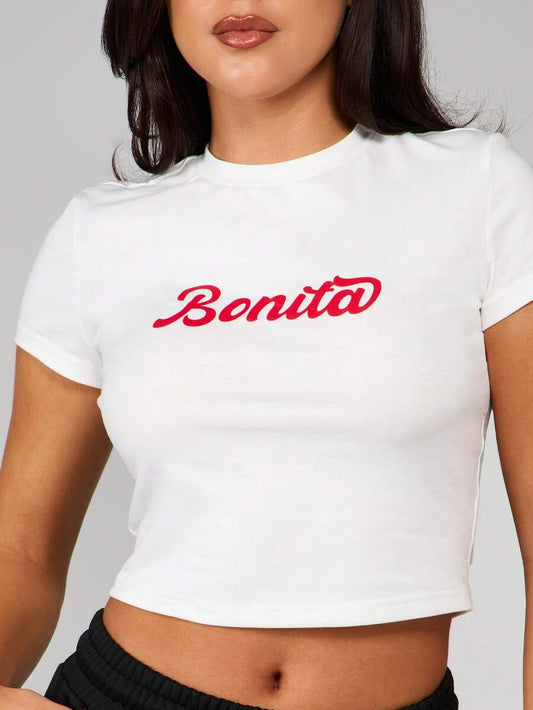 Bonita Script Print Baby Tee Crop Top | White Cotton Blend Casual Fitted Crew Neck Short Sleeve Summer Fashion Basic Top