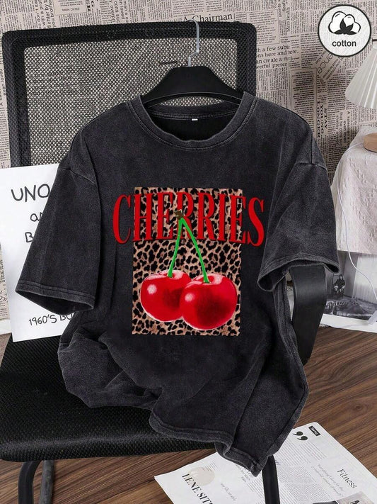 Funny Graphic Leopard Cherry Letter Print Washed T-Shirt | Y2K Streetwear Women's Retro Slim Fit Round Neck Cotton Tee