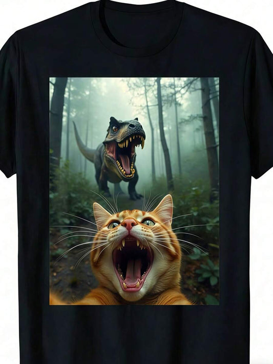 Cat With T-Rex Dinosaur Graphic T-Shirt | Funny Round Neck Short Sleeve Casual Summer Novelty Top