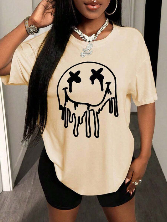 Smile Face Print Oversized T-Shirt | Women's Loose Fit Round Neck Short Sleeve Casual Summer Graphic Top