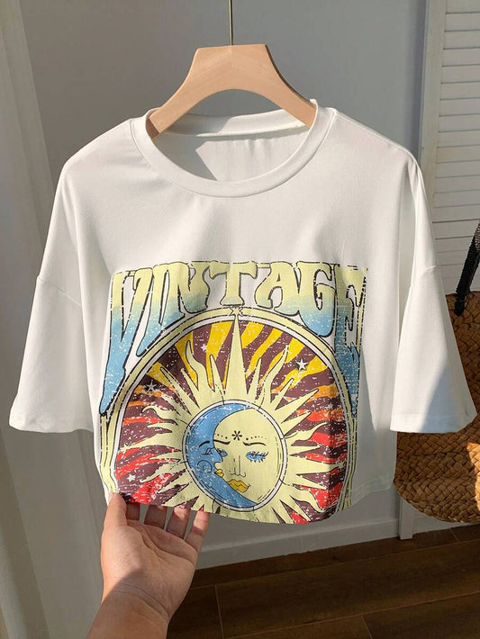 Sun & Letter Graphic Drop Shoulder Crop Tee | Women's Casual Round Neck Short Sleeve Boho Summer Daily Top