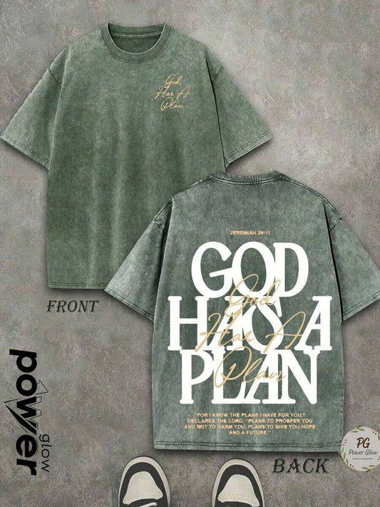 God Has A Plan Double-Sided Graphic Washed T-Shirt | 230G 100% Pure Cotton Unisex Y2K Vintage Street Style Faith Tee | Holiday Halloween Back To School Gift