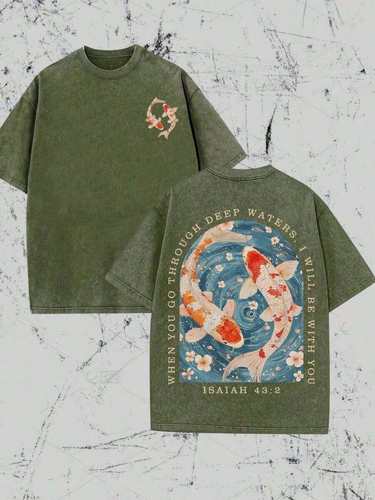 When You Go Through Deep Waters I Will Be With You Koi Pattern Christian Washed T-Shirt  Religious Classic Regular Short Sleeve Casual Faith Summer Tee