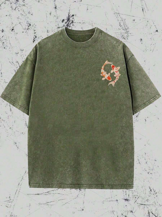 When You Go Through Deep Waters I Will Be With You Koi Pattern Christian Washed T-Shirt  Religious Classic Regular Short Sleeve Casual Faith Summer Tee