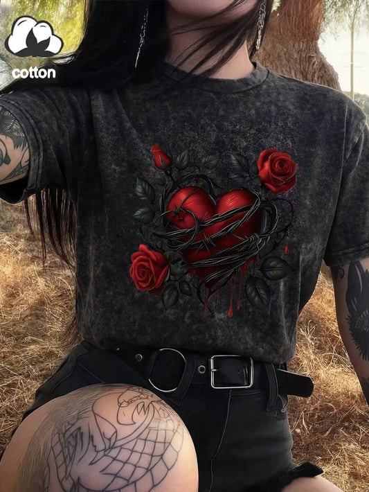 Thorns & Red Roses Heart Pattern Washed T-Shirt | Women's Casual Street Style Pure Cotton Short Sleeve Summer Fun Print Top