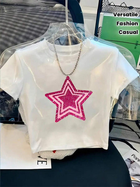 Shiny Star Graphic Print Y2K Cropped T-Shirt | Women's Short Sleeve Round Neck Casual Summer Festival Top