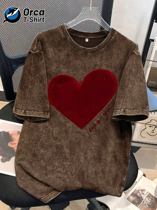 Retro Distressed Red Heart Love You T-Shirt | Women's American Style Washed Cotton Loose Round Neck Short Sleeve Valentine Holiday Casual Summer Top