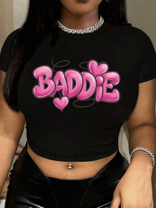 3D Letter Heart Pattern Cropped T-Shirt | Y2K Black Pink Women's Slim Fit Short Sleeve Casual Summer Crop Top
