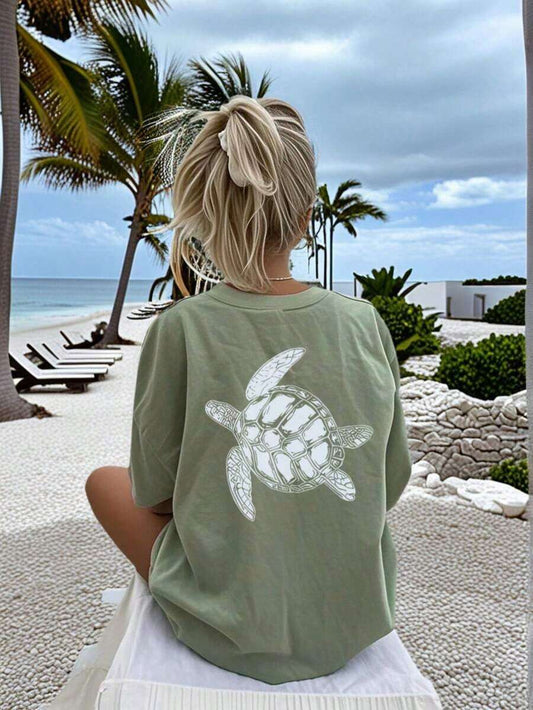 Sea Turtle Print Women's T-Shirt | Apricot Loose Fit Round Neck Short Sleeve Cute Casual Vacation Style Fashionable Everyday Summer Top