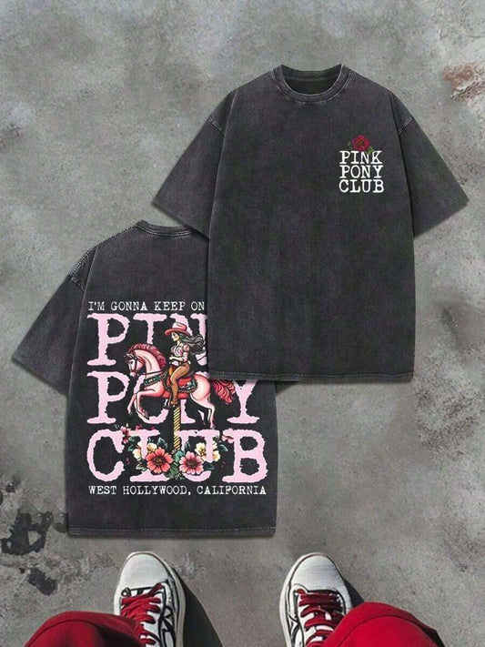 Retro Punk Pink Pony Y2K Graphic T-Shirt | 230G Washed Cotton Edgy Streetwear Vintage Style Loose Comfortable Short Sleeve Summer Top