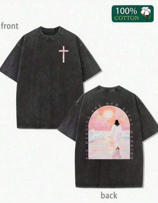 Cross Jesus Elegant Pattern Print Washed T-Shirt | Retro Street Style Loose Pure Cotton Simple Versatile Spring Summer Faith Tee