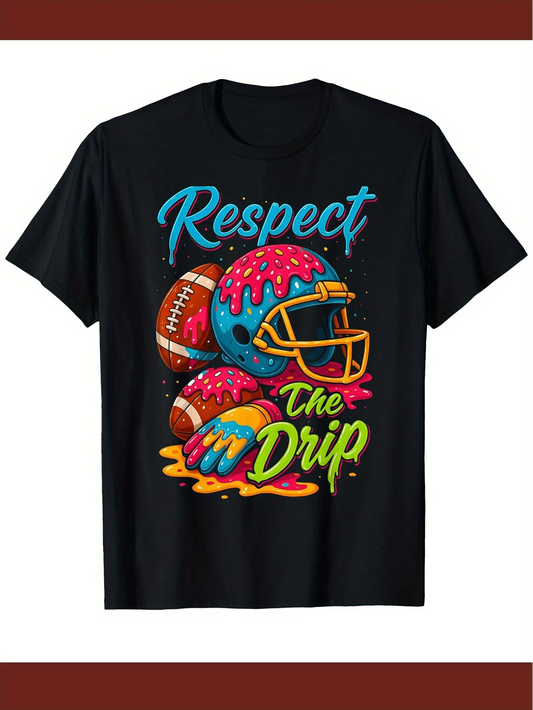 Soccer Graphic T-Shirt | Unisex Colorful Dripping Text Helmet Design Breathable Moisture-Wicking Loose Round Neck Short Sleeve Game Day Top