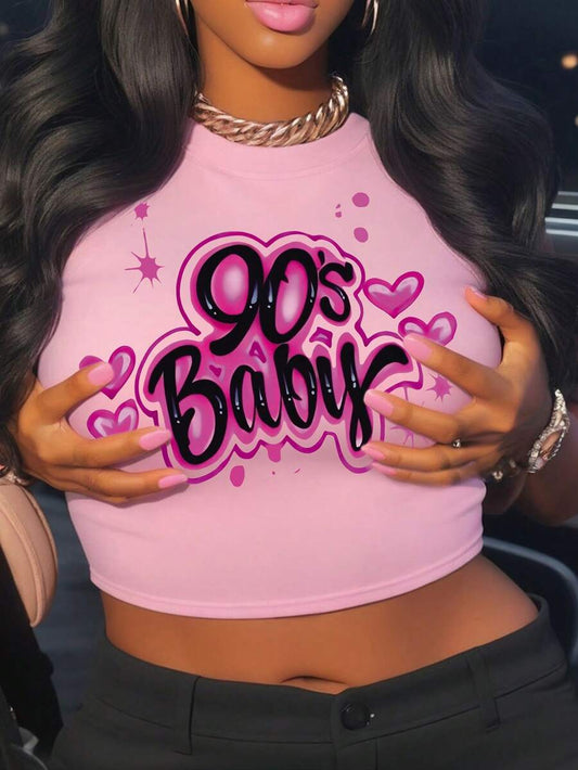 Letter Print Cap Sleeve Cropped T-Shirt | Women's Casual Round Neck Summer Cute Graphic Crop Top