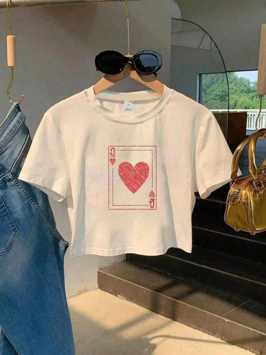 Queen Of Hearts Card Design Boxy Fit Cropped T-Shirt | Women's Y2K 90s Retro Playful Graphic Breathable Round Neck Short Sleeve Summer Top