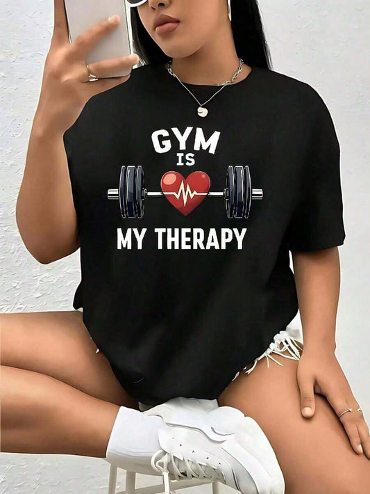 "Gym Is My Therapy" Funny Graphic T-Shirt | Women's Plus Size 220G Oversized Polyester Crew Neck Short Sleeve Casual Summer Top