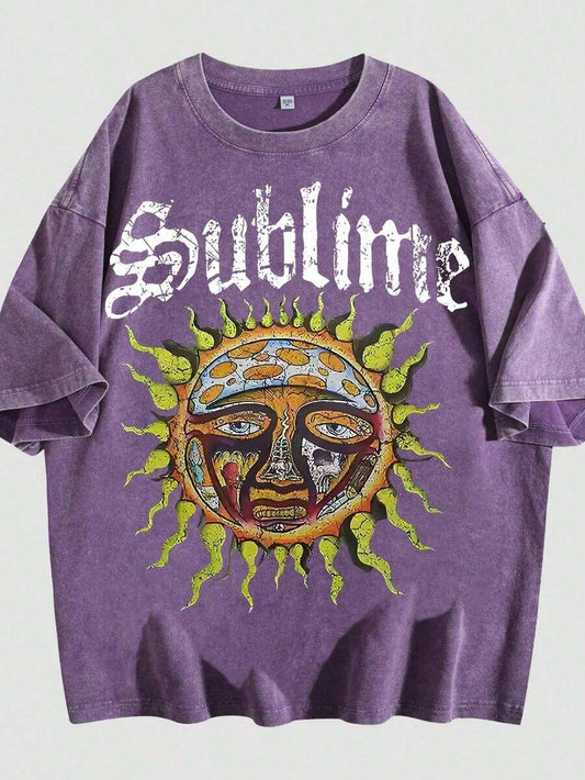 Retro Sun Face Skull Print Loose T-Shirt | SUBLIM Band Style Free Theme Short Sleeve Vintage Street Style Summer Tee