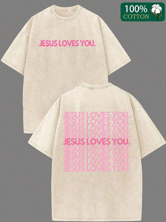 Jesus Loves You Double-Sided Heavy Washed T-Shirt | Pink Green Christian Pattern Unisex Crew Neck Casual Church Gift Summer Top