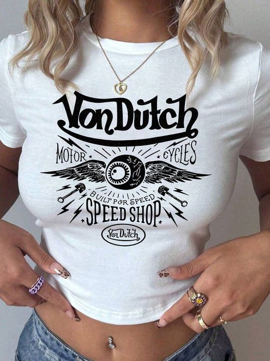 Speed Shop Winged Eye Graphic Slim Fit Cropped T-Shirt | Women's Casual Solid Color Crew Neck Short Sleeve Basic Summer Versatile Top