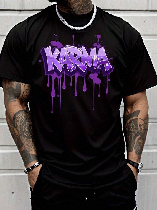 Purple Dripping Karma Graffiti Graphic T-Shirt | Men's Black Crew Neck Soft Cotton Hip Hop Streetwear Casual Summer Daily Top