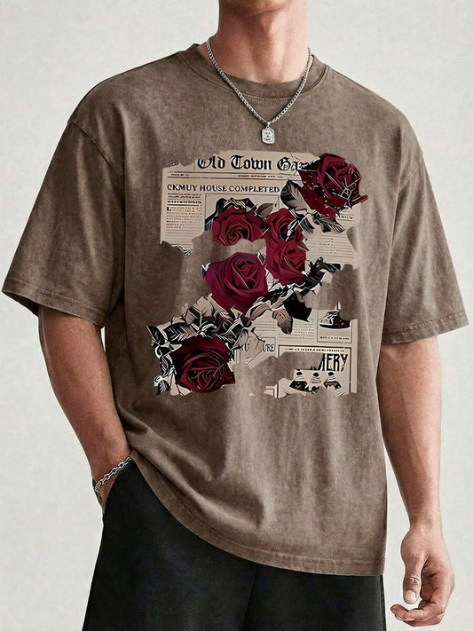 Retro Rose & Newspaper Cartoon Letter Pattern T-Shirt | Unisex Y2K Korean Street Style Cotton Casual Comfortable Commuting Versatile Summer Top