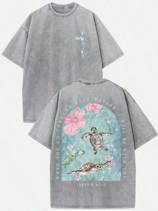 When You Go Through Deep Waters Turtle Graphic Christian Washed T-Shirt | 230 GSM Loose Breathable Retro Streetwear Faith Tee | Bible Verse Gift