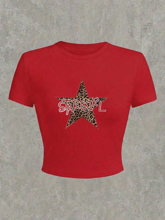 Star Graphic Print Y2K Cropped T-Shirt | Slim Fit Women's Red Short Sleeve Casual Spring Summer Cute Crop Top