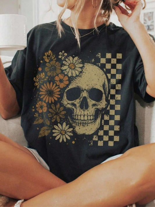 Boho Skull Graphic Tee | Vintage Grunge Retro Summerween Cute Spooky Halloween Round Neck Short Sleeve Casual Summer Top