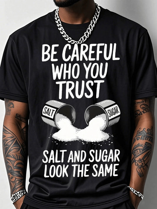 Salt & Sugar Trust Graphic Gym T-Shirt | Men's 200G Heavyweight Black White Relaxed Fit Breathable Crew Neck Workout Casual Summer Top