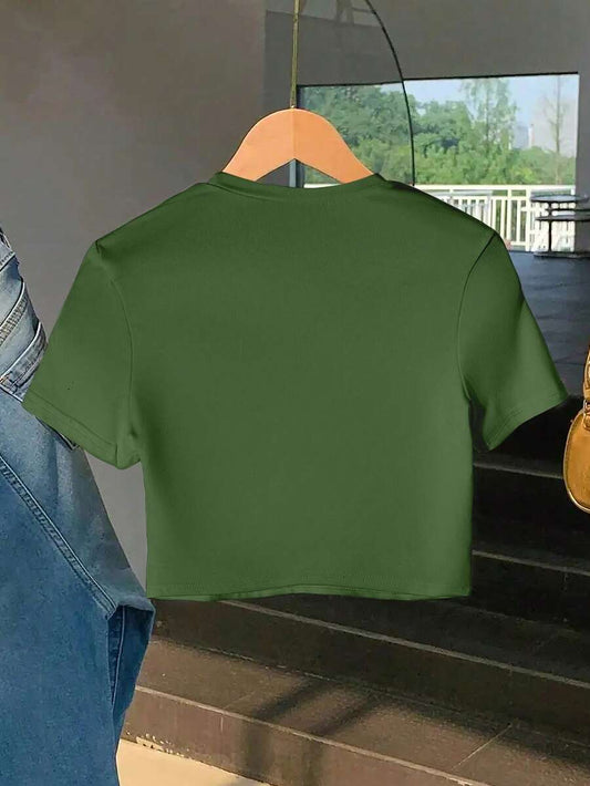 Solid Color Fitted Cropped T-Shirt | Women's Casual Round Neck Short Sleeve Comfortable Summer Essential Basic Top