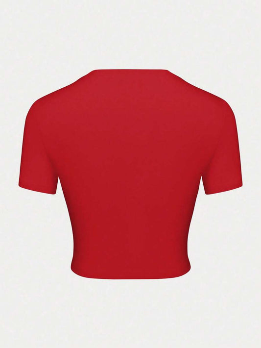 Kiss Me It's My Birthday Letter Print Cropped T-Shirt | Y2K Slim Fit Women's Red Short Sleeve Casual Spring Summer Birthday Crop Top