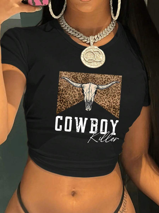 Cowboy Killer Bull Skull Leopard Graphic Cropped T-Shirt | Y2K Slim Fit Women's Black Short Sleeve Western Casual Spring Summer Crop Top