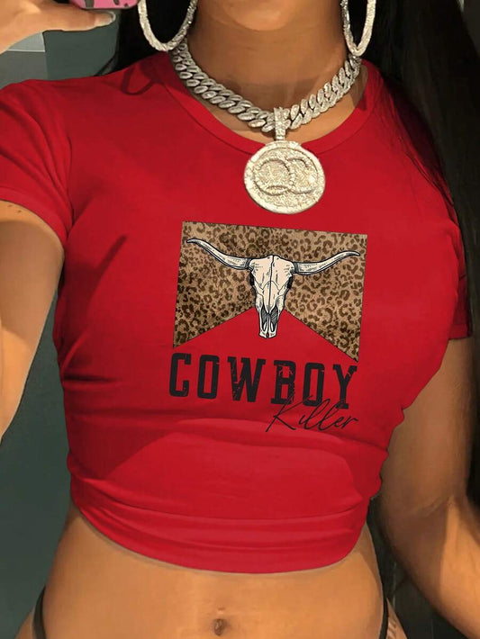 Cowboy Killer Bull Skull Leopard Cropped T-Shirt | Y2K Red Slim Fit Women's Short Sleeve Western Spring Summer Crop Top