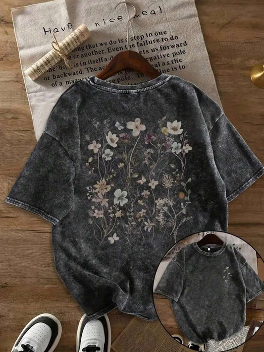 Heavyweight Washed Bohemian T-Shirt | Women's Oversized Y2K Retro Vintage Soft Breathable Round Neck Short Sleeve Loose All-Season Layering Top