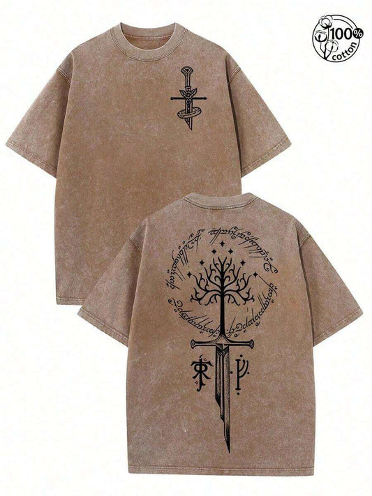 Fantasy Epic Adventure Vintage Distressed T-Shirt | Loose Fit Round Neck Retro Washed Men's Street Casual Top | Adventure Gift