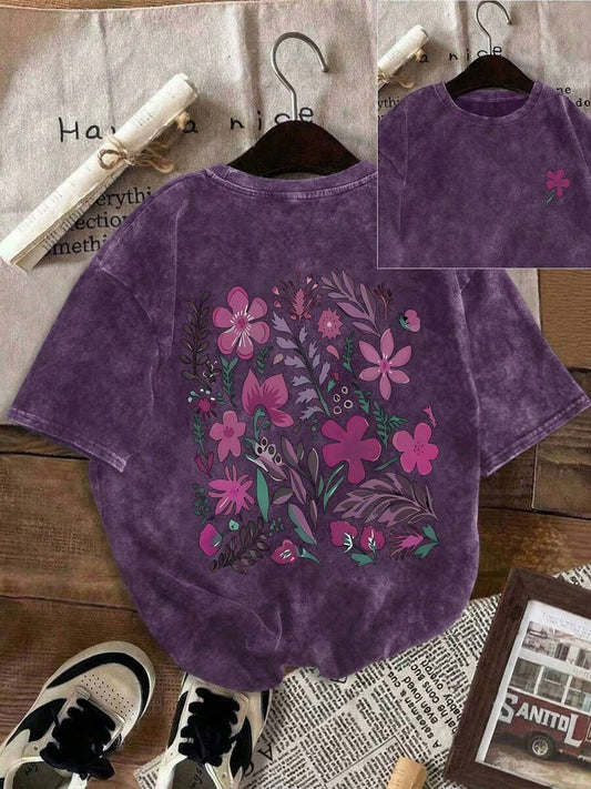 Plant Floral Cartoon Letter Print Washed T-Shirt | Y2K Korean Style Women's Fitted Black Round Neck Short Sleeve Punk Retro Double-Sided Tee