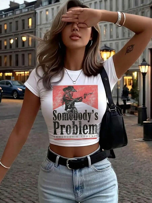 Someone's Problem Rodeo T-Shirt | Y2K Slim Fit Women's Crew Neck Short Sleeve Cowgirl Top Summer Tee