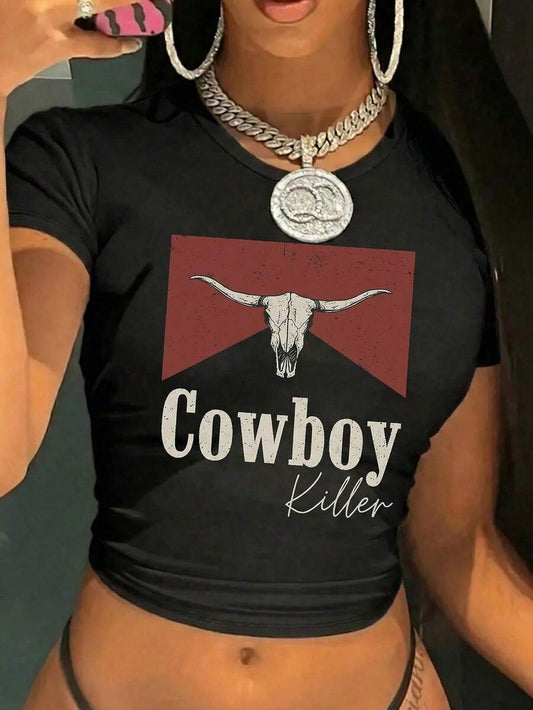 Cowboy Killer Bull Skull Western Graphic T-Shirt | Black Slim Fit Women's Rodeo Country Music Round Neck Short Sleeve Comfortable Summer Tee