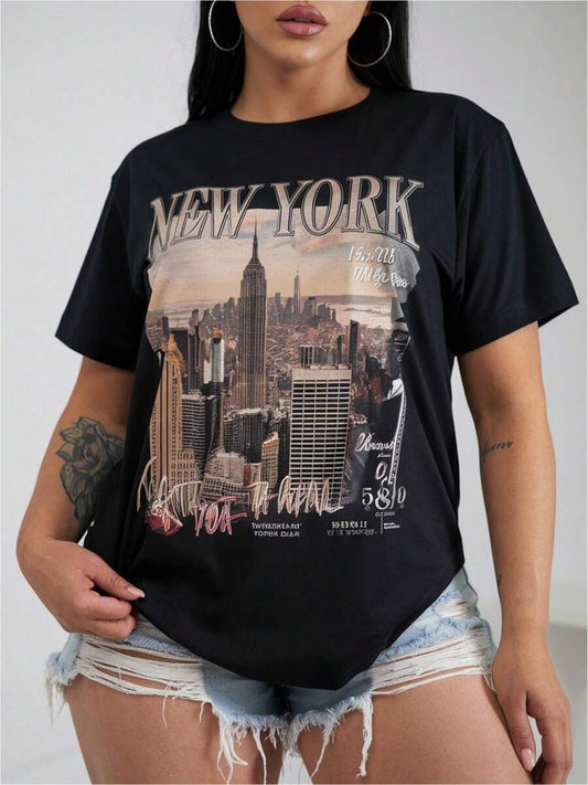New York City Skyline Print Oversized T-Shirt | Black Casual Street Style Breathable Soft Round Neck Short Sleeve Daily Commute Home Leisure Top