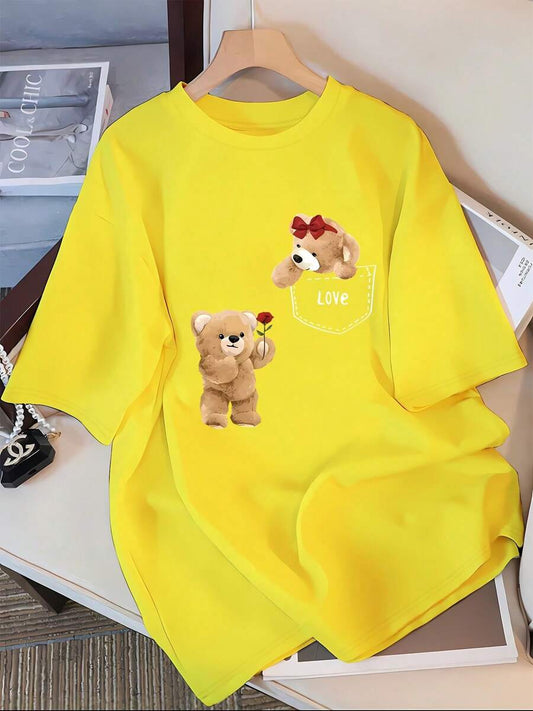 "Break The System" Bear Print Casual Sleepwear-Style T-Shirt | Round Neck Short Sleeve Spring Summer Autumn Comfortable Top