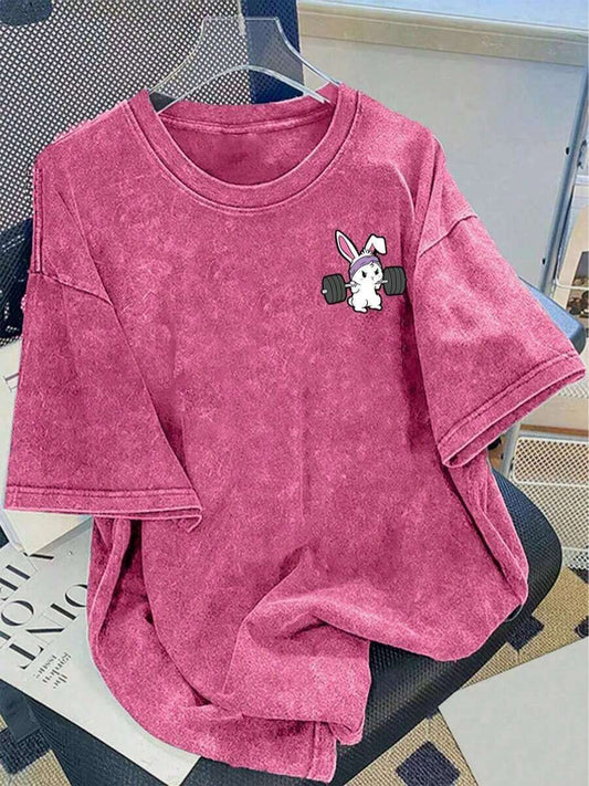 Minimalist Print Washed Cotton T-Shirt | Women's Cute Anti-Wrinkle Round Neck Short Sleeve Casual Summer Top