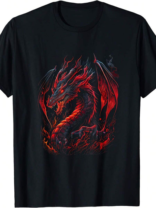 Red Fire Dragon Pattern Black T-Shirt | Casual Round Neck Short Sleeve Eye-Catching Dragon Graphic Tee | Plus Size Beach & Sports Top