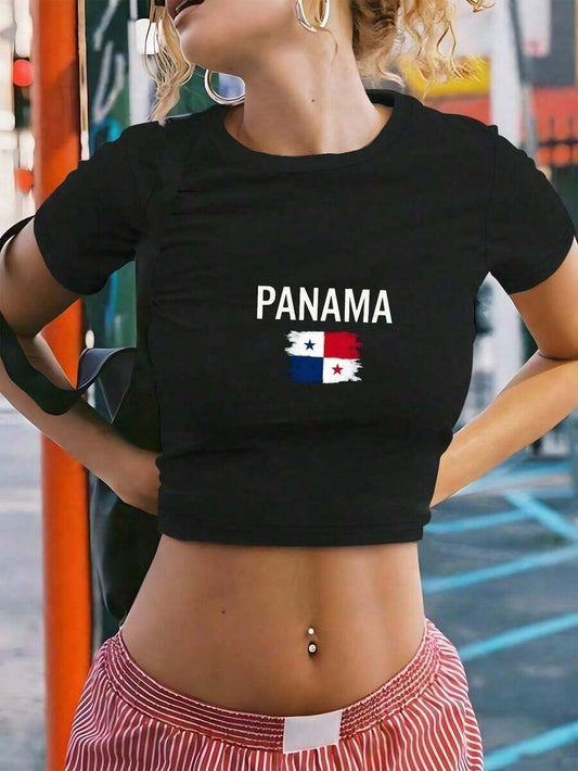 Panama Flag Distressed Graphic Y2K Crop Top | Women's Vintage Retro Panamanian Pride Crew Neck Short Sleeve Casual Streetwear Summer Festival Top