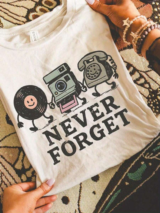 Never Forget Retro Pop Culture Plus Size T-Shirt | Cassette Floppy Disk Nostalgic Vintage White Crew Neck Casual Machine Washable Local Shipping Women's Tee