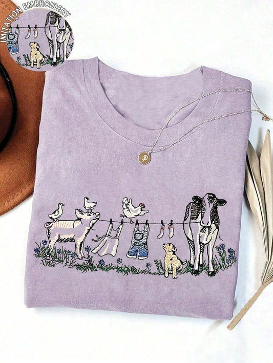 Faux Embroidered Farmhouse Animal Print Women's T-Shirt | Pigs Cows Dogs Cute Loose Comfortable Casual Summer Top