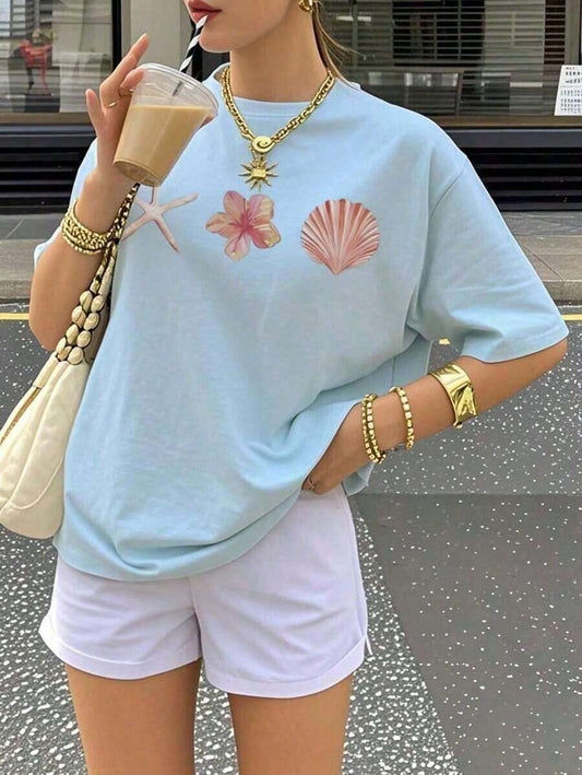 Shell & Starfish Print Women's T-Shirt | Casual Vacation Round Neck Short Sleeve Apricot Cotton Graphic Tee | Daily Beach Summer Top