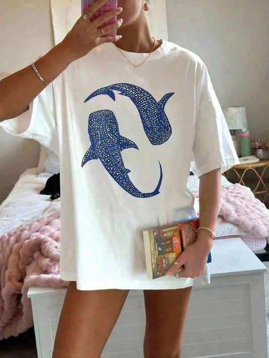 Whale Shark Simple Print Women's T-Shirt | Comfortable O-Neck Casual Loose Fashion Summer Top | Perfect Valentine's Day Gift