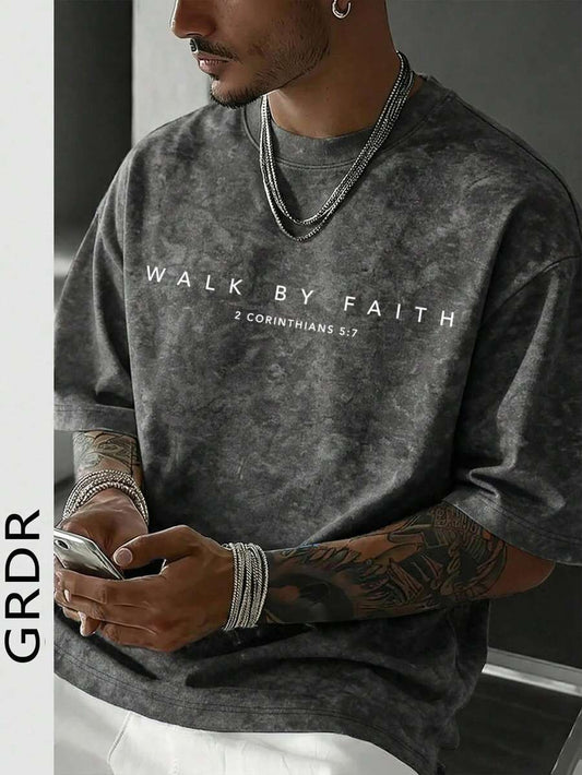 GRDR Letter Print Washed T-Shirt | Vintage Retro Single-Sided 230 GSM Heavyweight Cotton Men's Summer Tee