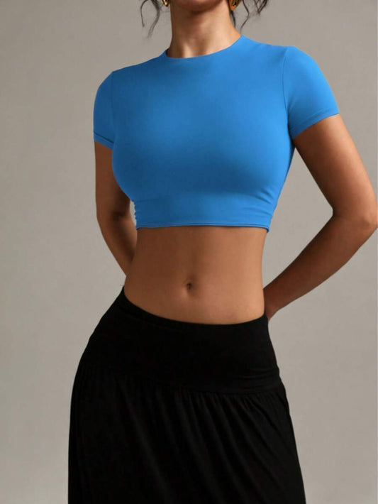 Solid Blue Fitted Sports Cropped T-Shirt | Women's Crew Neck Short Sleeve Cute Casual Fitness Summer Top