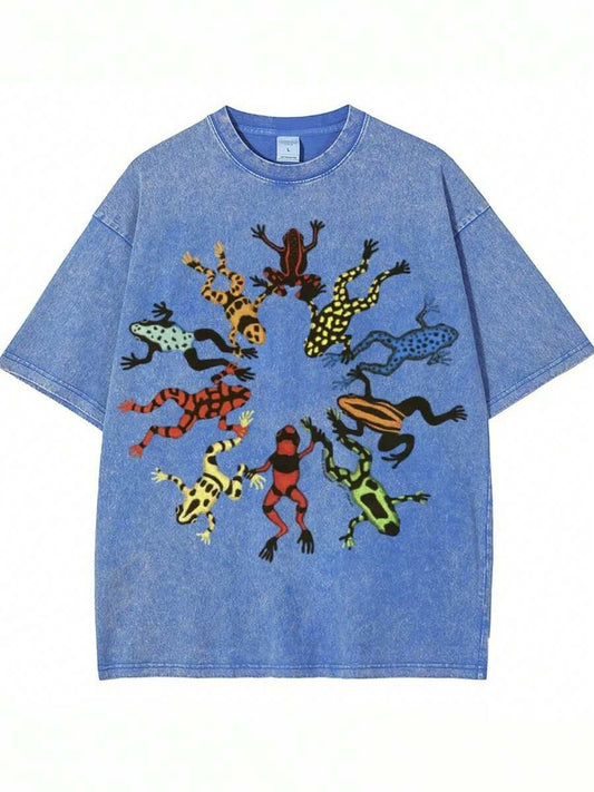 Summer Tops, Washed Cotton, Dancing Frog Feast Print T-Shirt, High-Quality Batik Cotton Vintage Fashion Brand T-Shirt, Unisex T-Shirt, Popular Daily Wear T-Shirt, Holiday Gift, Perfect Present